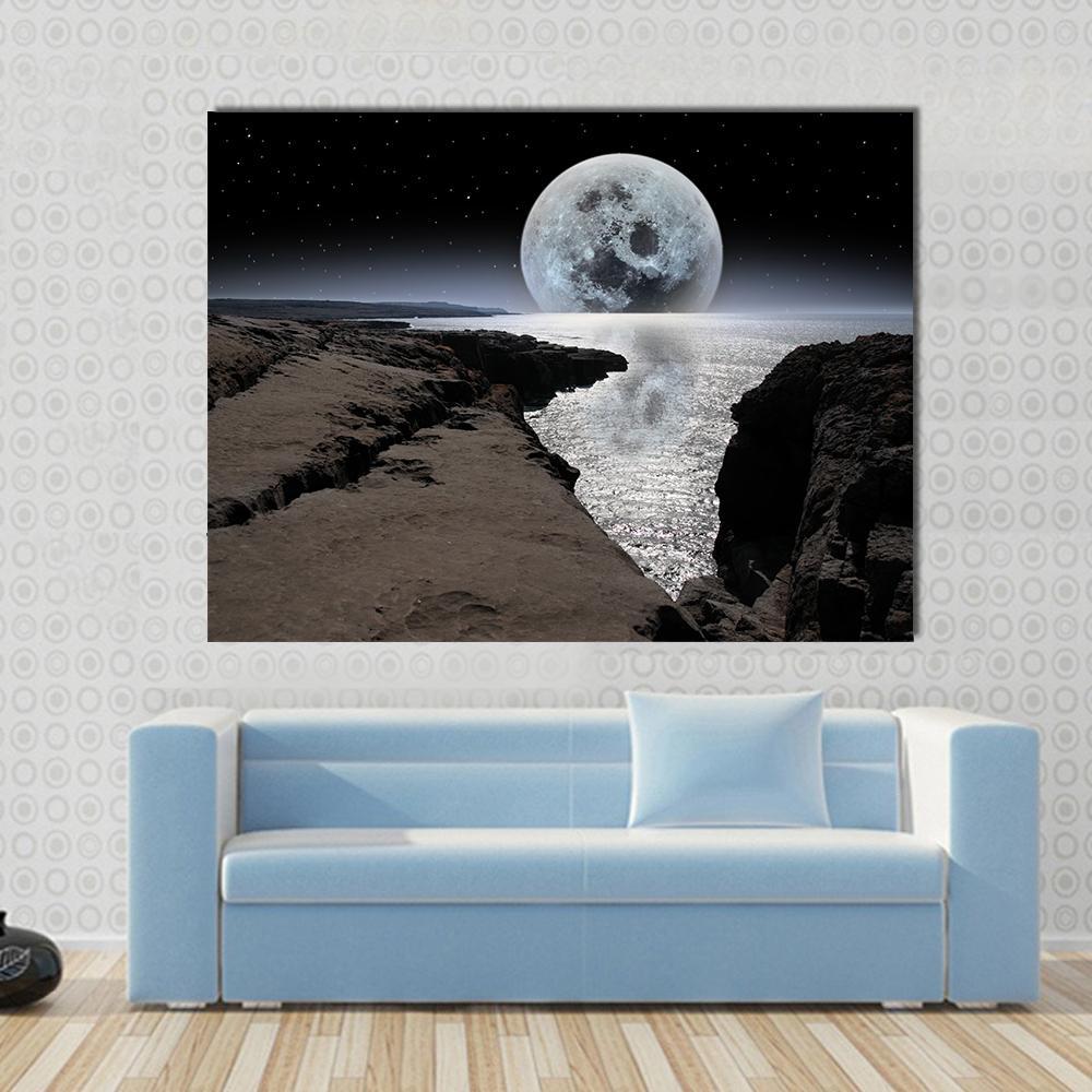 Coastline With Bright Moon Canvas Wall Art-1 Piece-Gallery Wrap-48" x 32"-Tiaracle