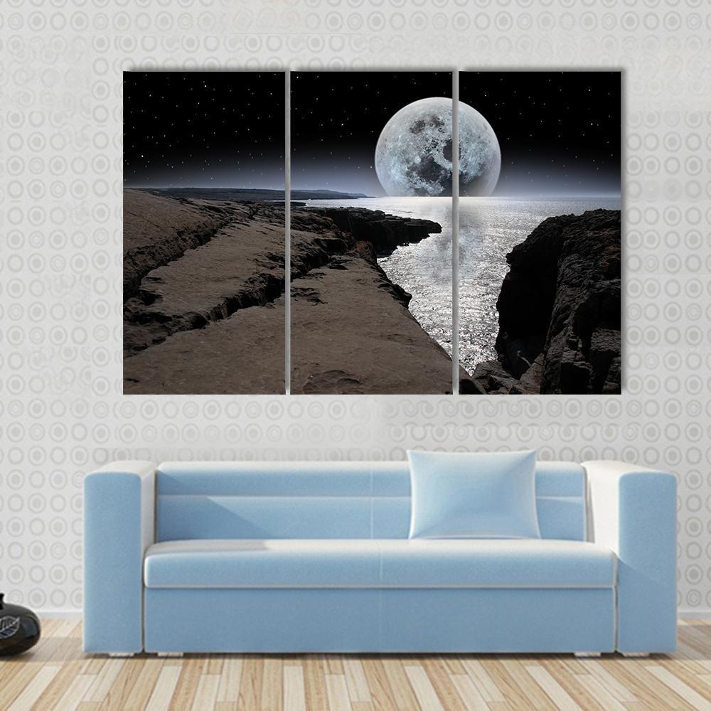 Coastline With Bright Moon Canvas Wall Art-3 Horizontal-Gallery Wrap-37" x 24"-Tiaracle