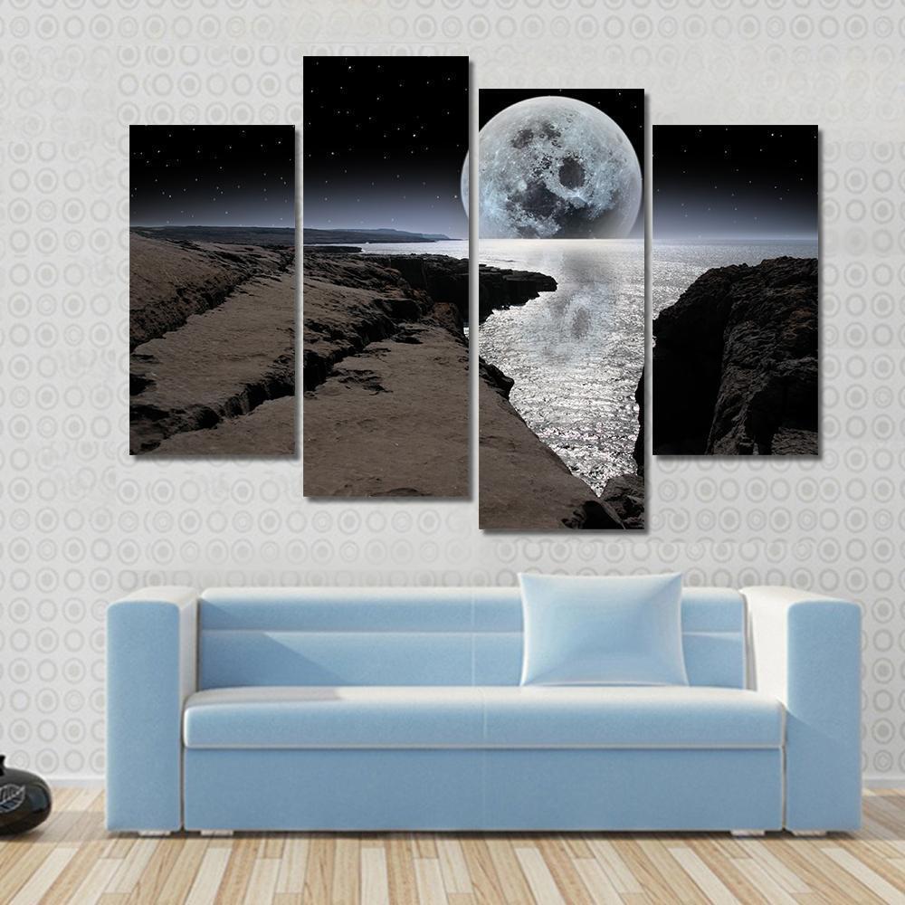 Coastline With Bright Moon Canvas Wall Art-4 Pop-Gallery Wrap-50" x 32"-Tiaracle