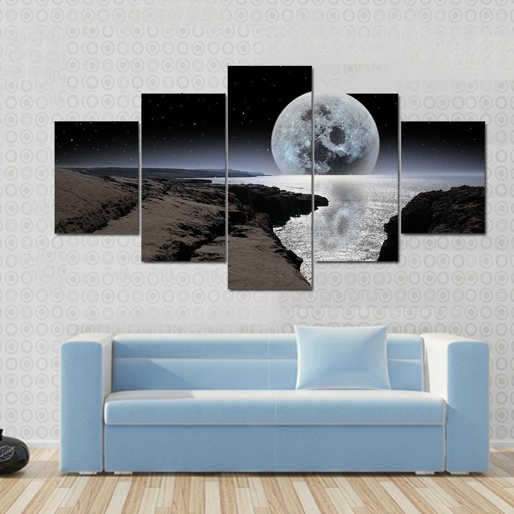 Coastline With Bright Moon Canvas Wall Art-5 Star-Gallery Wrap-62" x 32"-Tiaracle