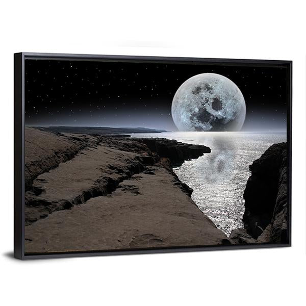 Coastline With Bright Moon Canvas Wall Art-3 Horizontal-Gallery Wrap-25" x 16"-Tiaracle