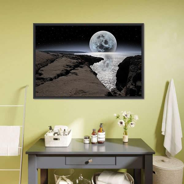 Coastline With Bright Moon Canvas Wall Art-3 Horizontal-Gallery Wrap-25" x 16"-Tiaracle