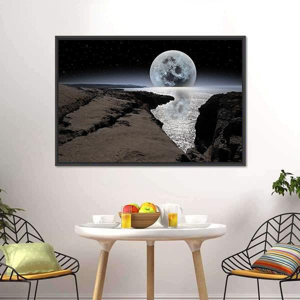 Coastline With Bright Moon Canvas Wall Art-1 Piece-Floating Frame-24" x 16"-Tiaracle