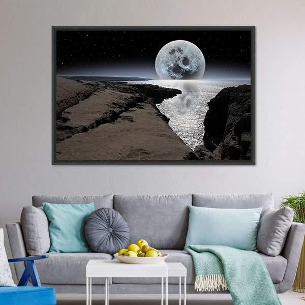 Coastline With Bright Moon Canvas Wall Art-3 Horizontal-Gallery Wrap-25" x 16"-Tiaracle