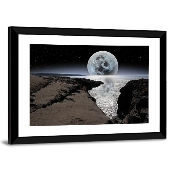 Coastline With Bright Moon Canvas Wall Art-3 Horizontal-Gallery Wrap-25" x 16"-Tiaracle