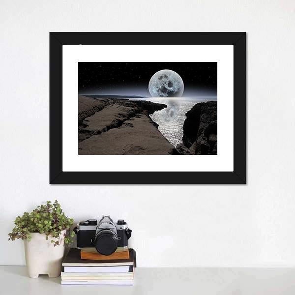 Coastline With Bright Moon Canvas Wall Art-3 Horizontal-Gallery Wrap-25" x 16"-Tiaracle