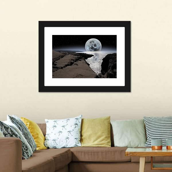 Coastline With Bright Moon Canvas Wall Art-1 Piece-Framed Print-20" x 16"-Tiaracle