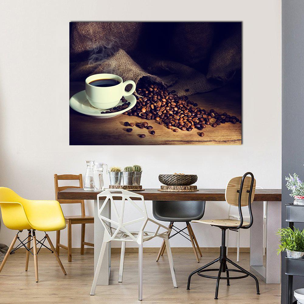 Coffee Cup & Coffee Beans Canvas Wall Art-1 Piece-Gallery Wrap-48" x 32"-Tiaracle