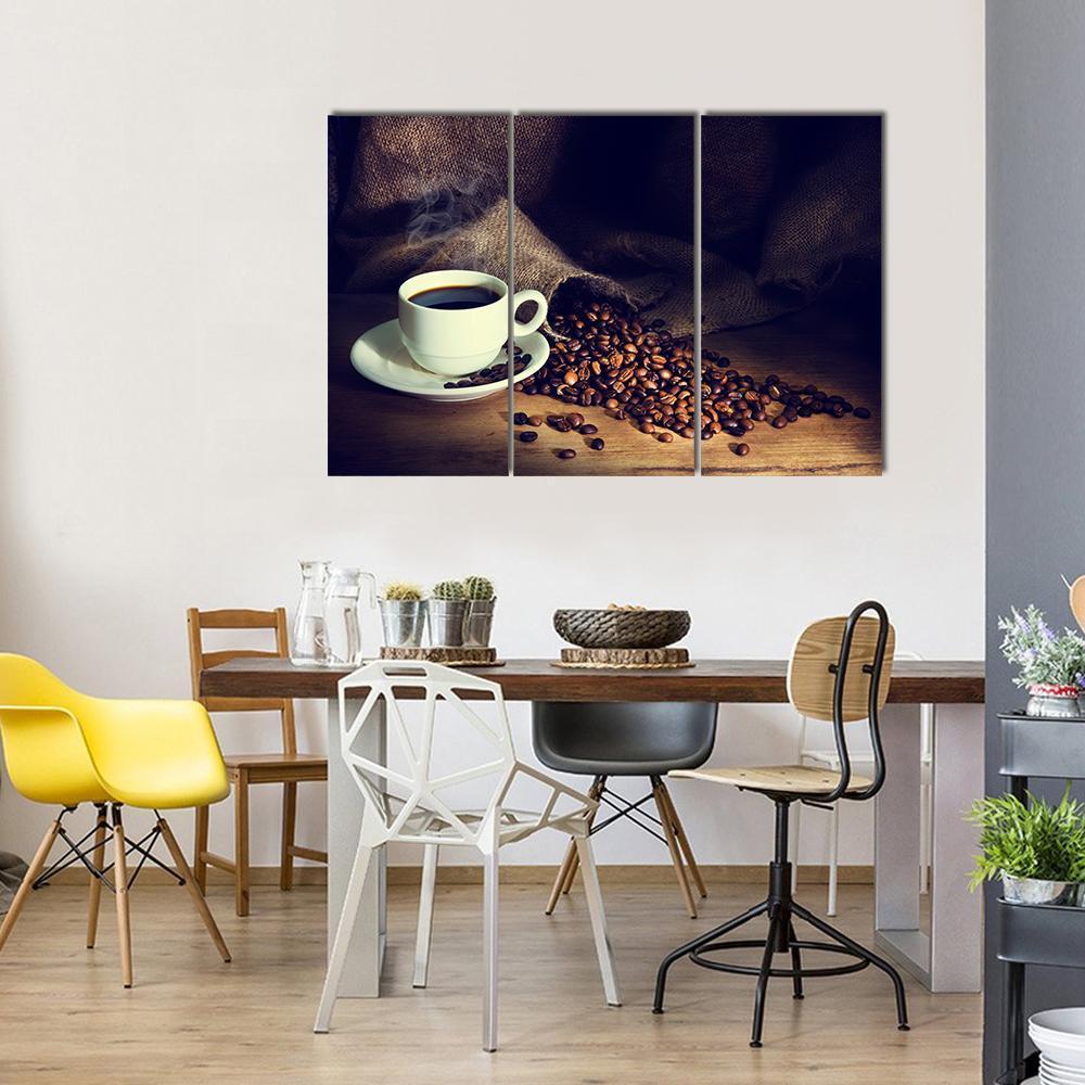 Coffee Cup & Coffee Beans Canvas Wall Art-3 Horizontal-Gallery Wrap-37" x 24"-Tiaracle