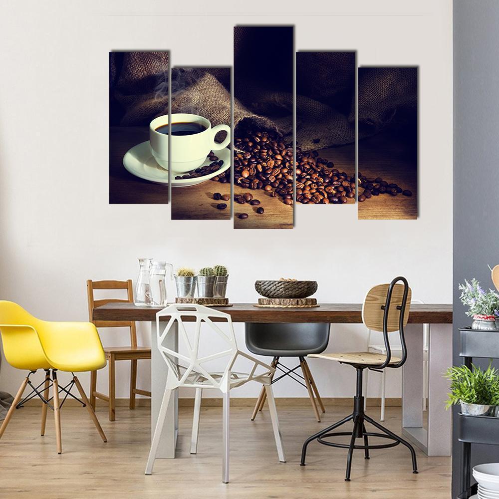 Coffee Cup & Coffee Beans Canvas Wall Art-5 Pop-Gallery Wrap-47" x 32"-Tiaracle