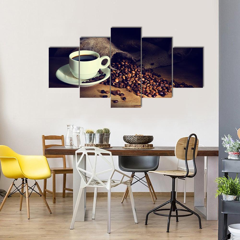 Coffee Cup & Coffee Beans Canvas Wall Art-5 Star-Gallery Wrap-62" x 32"-Tiaracle