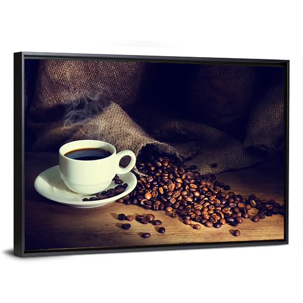 Coffee Cup & Coffee Beans Canvas Wall Art-3 Horizontal-Gallery Wrap-25" x 16"-Tiaracle