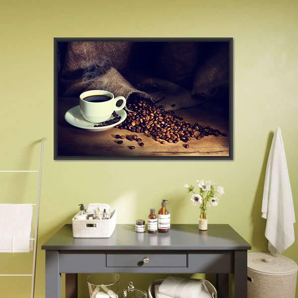 Coffee Cup & Coffee Beans Canvas Wall Art-3 Horizontal-Gallery Wrap-25" x 16"-Tiaracle