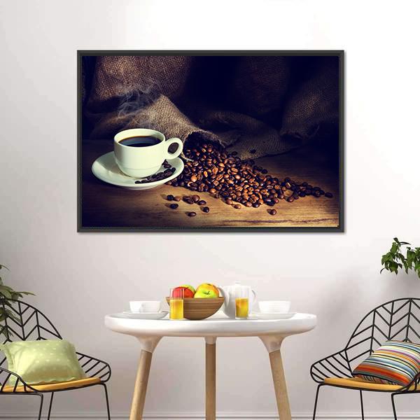 Coffee Cup & Coffee Beans Canvas Wall Art-1 Piece-Floating Frame-24" x 16"-Tiaracle