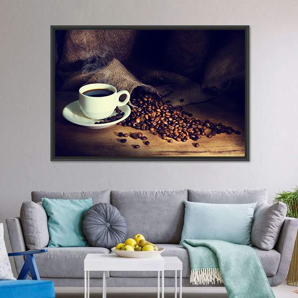 Coffee Cup & Coffee Beans Canvas Wall Art-3 Horizontal-Gallery Wrap-25" x 16"-Tiaracle