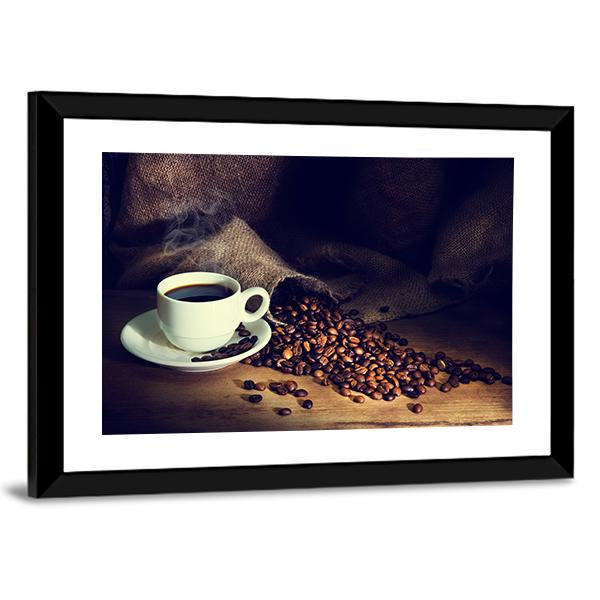 Coffee Cup & Coffee Beans Canvas Wall Art-3 Horizontal-Gallery Wrap-25" x 16"-Tiaracle