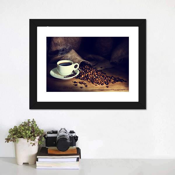 Coffee Cup & Coffee Beans Canvas Wall Art-3 Horizontal-Gallery Wrap-25" x 16"-Tiaracle