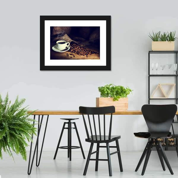 Coffee Cup & Coffee Beans Canvas Wall Art-3 Horizontal-Gallery Wrap-25" x 16"-Tiaracle