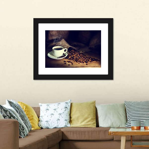 Coffee Cup & Coffee Beans Canvas Wall Art-1 Piece-Framed Print-20" x 16"-Tiaracle