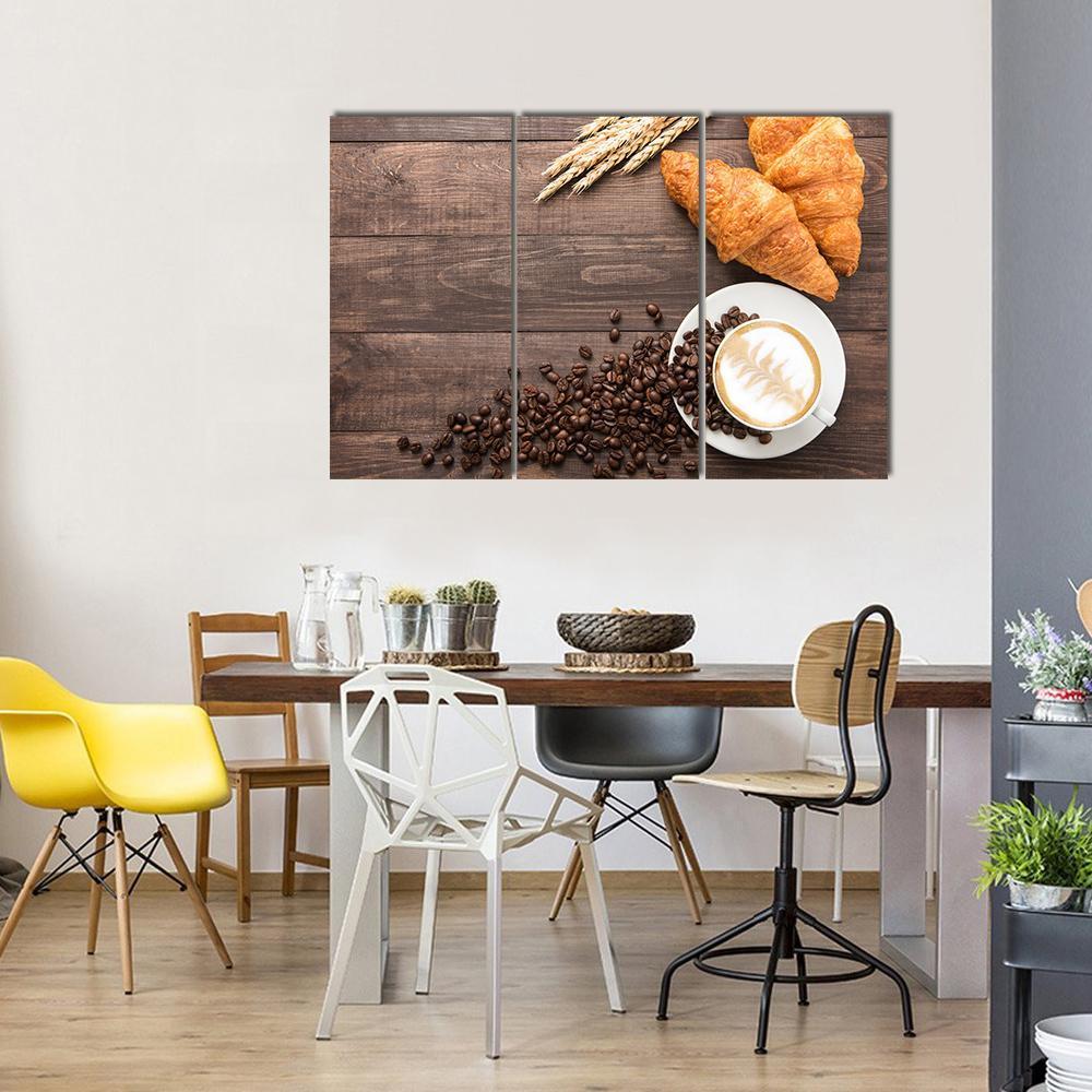 Coffee Cup & Croissants Canvas Wall Art-3 Horizontal-Gallery Wrap-37" x 24"-Tiaracle