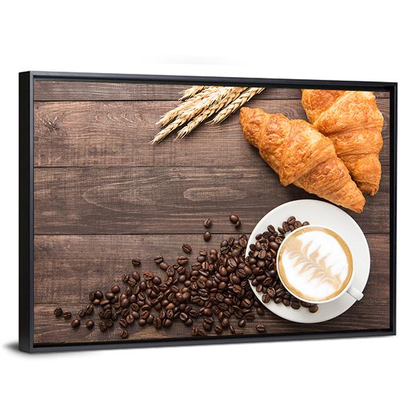 Coffee Cup & Croissants Canvas Wall Art-3 Horizontal-Gallery Wrap-25" x 16"-Tiaracle