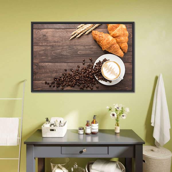 Coffee Cup & Croissants Canvas Wall Art-3 Horizontal-Gallery Wrap-25" x 16"-Tiaracle