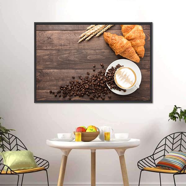 Coffee Cup & Croissants Canvas Wall Art-1 Piece-Floating Frame-24" x 16"-Tiaracle