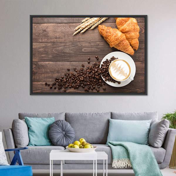 Coffee Cup & Croissants Canvas Wall Art-3 Horizontal-Gallery Wrap-25" x 16"-Tiaracle