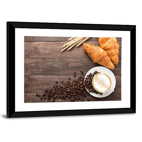 Coffee Cup & Croissants Canvas Wall Art-3 Horizontal-Gallery Wrap-25" x 16"-Tiaracle