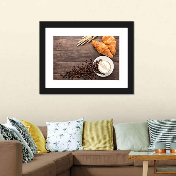 Coffee Cup & Croissants Canvas Wall Art-1 Piece-Framed Print-20" x 16"-Tiaracle