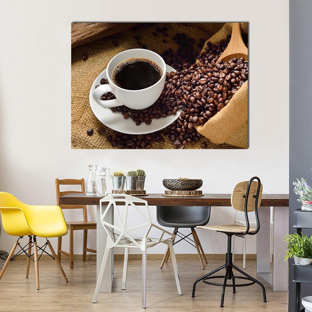 Coffee Cup & Coffee Beans Canvas Wall Art-1 Piece-Gallery Wrap-48" x 32"-Tiaracle