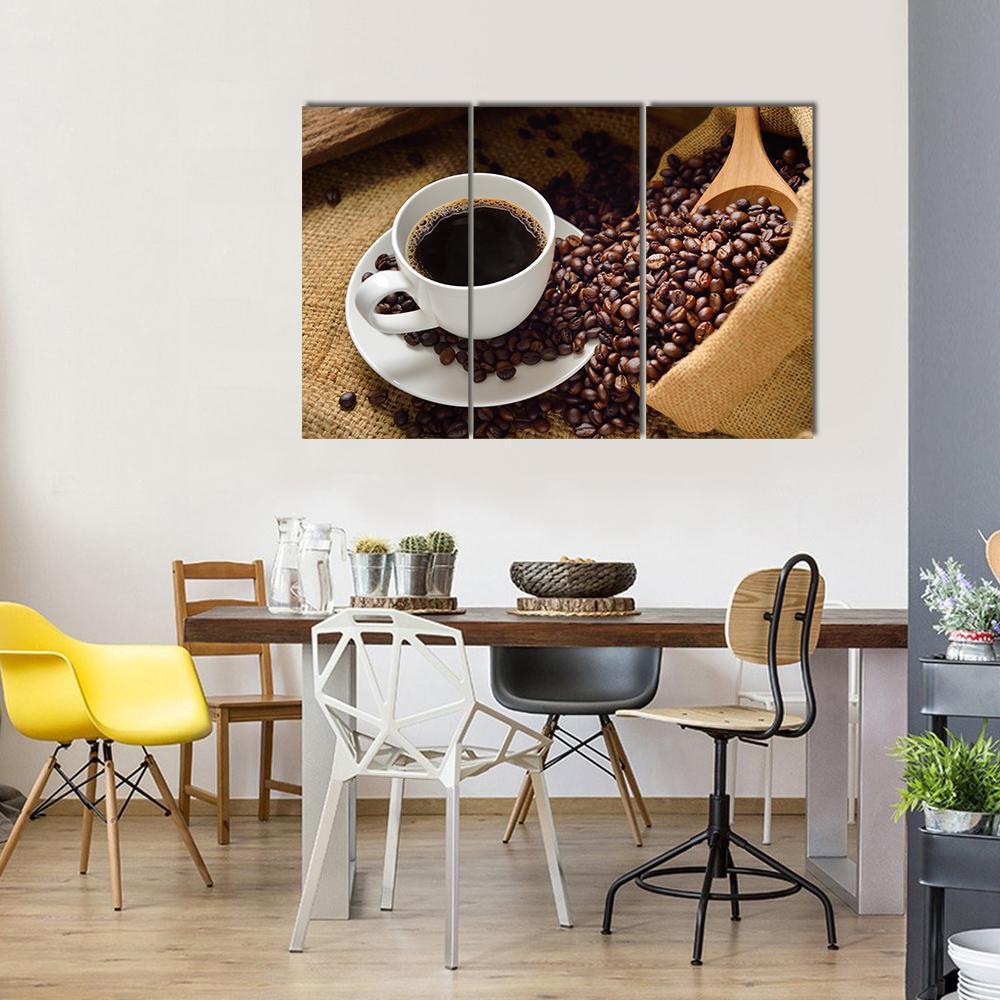 Coffee Cup & Coffee Beans Canvas Wall Art-3 Horizontal-Gallery Wrap-37" x 24"-Tiaracle