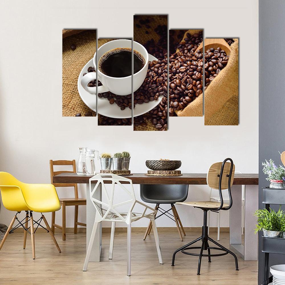 Coffee Cup & Coffee Beans Canvas Wall Art-5 Pop-Gallery Wrap-47" x 32"-Tiaracle