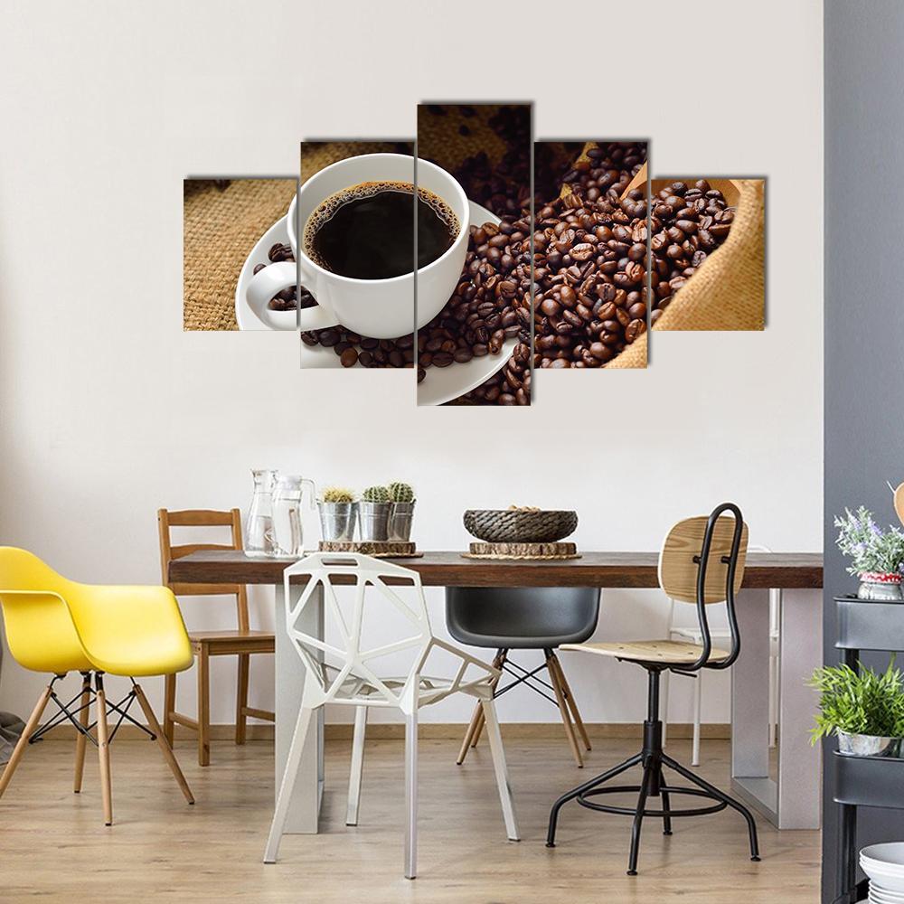 Coffee Cup & Coffee Beans Canvas Wall Art-5 Star-Gallery Wrap-62" x 32"-Tiaracle