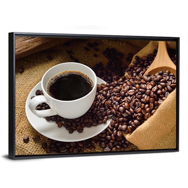 Coffee Cup & Coffee Beans Canvas Wall Art-3 Horizontal-Gallery Wrap-25" x 16"-Tiaracle