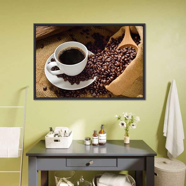 Coffee Cup & Coffee Beans Canvas Wall Art-3 Horizontal-Gallery Wrap-25" x 16"-Tiaracle