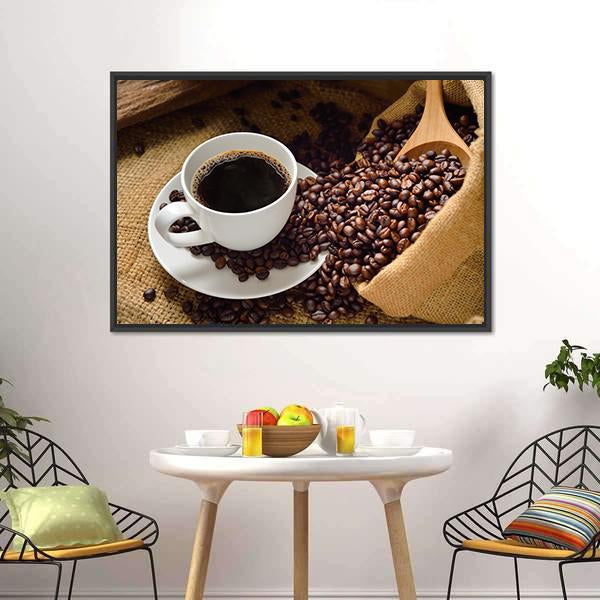 Coffee Cup & Coffee Beans Canvas Wall Art-1 Piece-Floating Frame-24" x 16"-Tiaracle