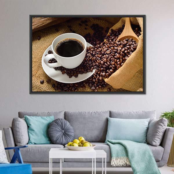 Coffee Cup & Coffee Beans Canvas Wall Art-3 Horizontal-Gallery Wrap-25" x 16"-Tiaracle