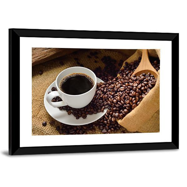 Coffee Cup & Coffee Beans Canvas Wall Art-3 Horizontal-Gallery Wrap-25" x 16"-Tiaracle