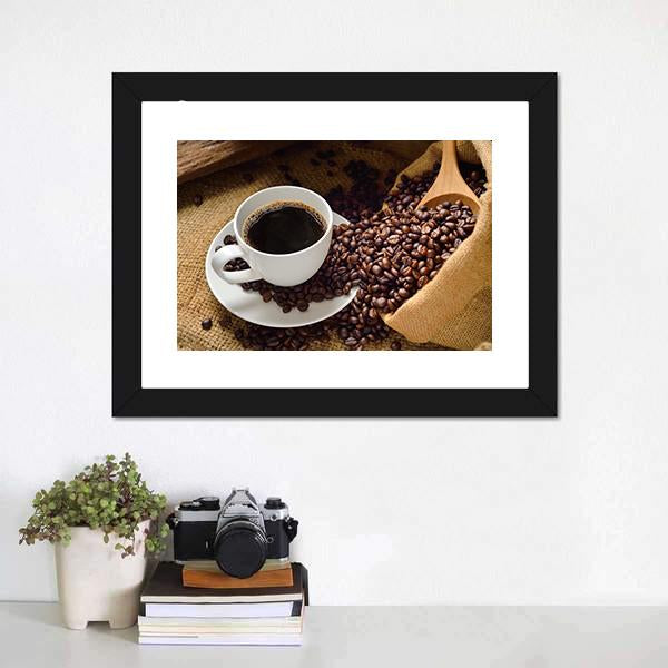 Coffee Cup & Coffee Beans Canvas Wall Art-3 Horizontal-Gallery Wrap-25" x 16"-Tiaracle