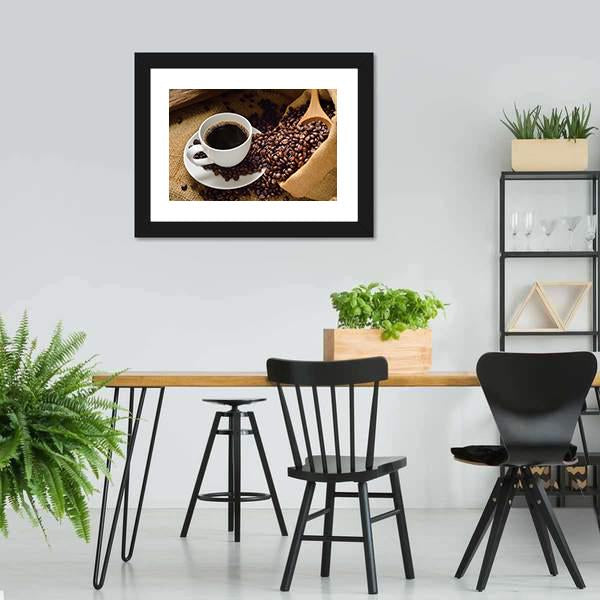 Coffee Cup & Coffee Beans Canvas Wall Art-3 Horizontal-Gallery Wrap-25" x 16"-Tiaracle