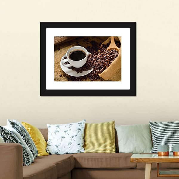 Coffee Cup & Coffee Beans Canvas Wall Art-1 Piece-Framed Print-20" x 16"-Tiaracle