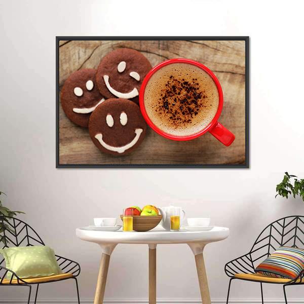 Coffee Cup With Cookies Canvas Wall Art-1 Piece-Floating Frame-24" x 16"-Tiaracle