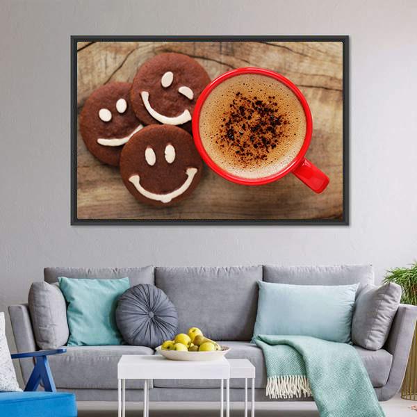 Coffee Cup With Cookies Canvas Wall Art-3 Horizontal-Gallery Wrap-25" x 16"-Tiaracle