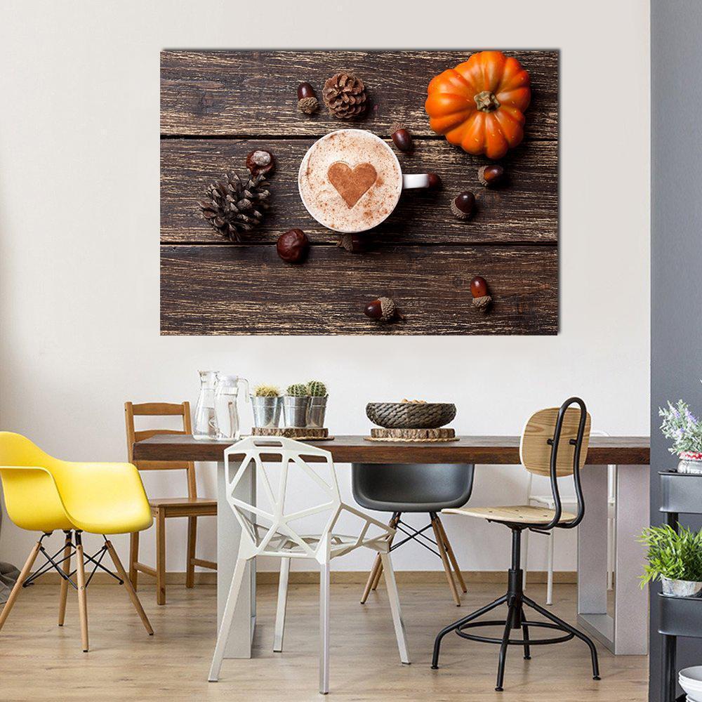 Coffee Cup With Pumpkin Canvas Wall Art-1 Piece-Gallery Wrap-48" x 32"-Tiaracle