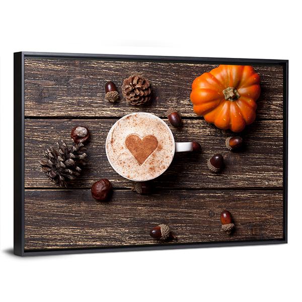 Coffee Cup With Pumpkin Canvas Wall Art-3 Horizontal-Gallery Wrap-25" x 16"-Tiaracle