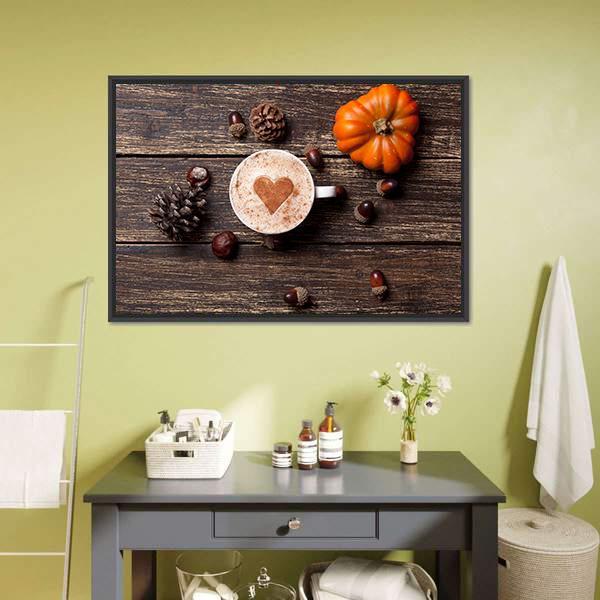 Coffee Cup With Pumpkin Canvas Wall Art-3 Horizontal-Gallery Wrap-25" x 16"-Tiaracle