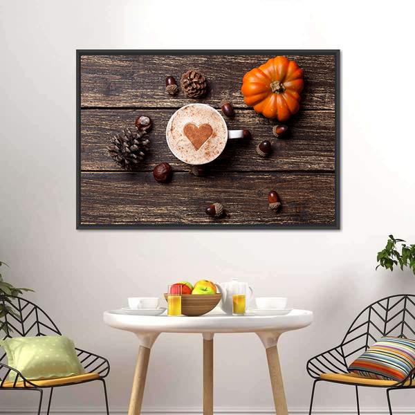 Coffee Cup With Pumpkin Canvas Wall Art-1 Piece-Floating Frame-24" x 16"-Tiaracle