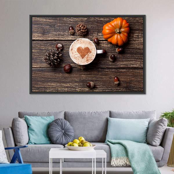 Coffee Cup With Pumpkin Canvas Wall Art-3 Horizontal-Gallery Wrap-25" x 16"-Tiaracle