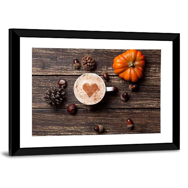 Coffee Cup With Pumpkin Canvas Wall Art-3 Horizontal-Gallery Wrap-25" x 16"-Tiaracle